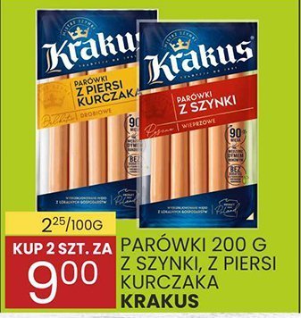 Parówki 200 g z szynki, z piersi kurczaka Krakus promocja w Wafelek