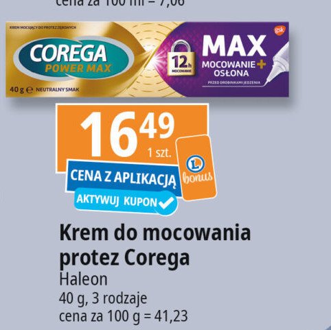 Krem mocujący do protez mocowanie i osłona Corega power max promocja w Leclerc