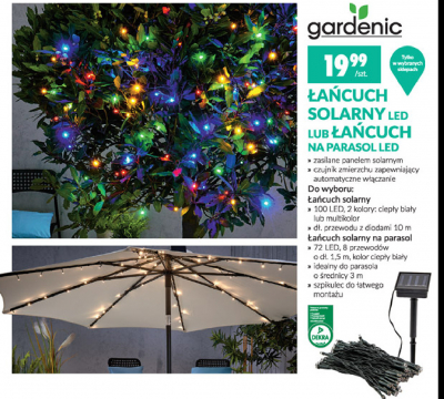 Łańcuch solarny na parasol 72 led kolor biały Gardenic yard promocja