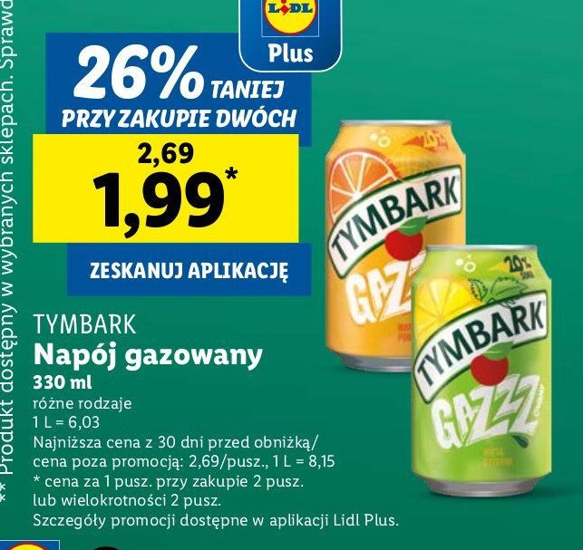 Napój gazowany cytryna- mięta Tymbark gazzz promocja w Lidl