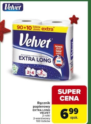 Ręcznik papierowy EXTRA LONG VELVET 2 rolki 2-warstwowy 100 listków promocja w Carrefour