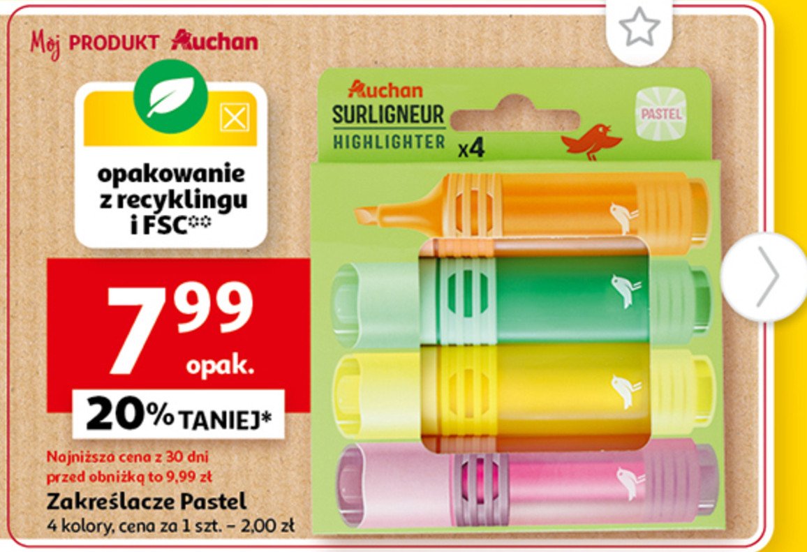 Zakreślacz cienki różowy + zielony + żółty + pomarańczowy Auchan promocja
