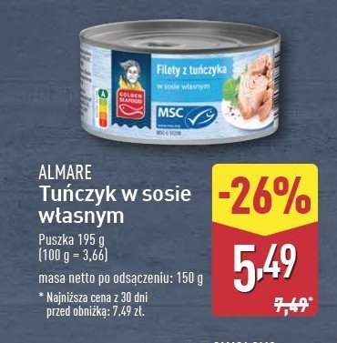 Tuńczyk w sosie własnym Almare promocja w Aldi