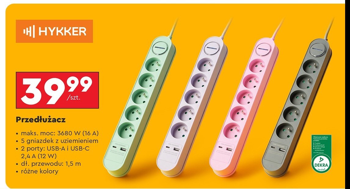Przedłużacz z włącznikiem 1.5 m Hykker promocja w Biedronka