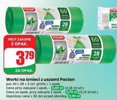 Worki na śmieci z uszami Paclan poj. 60 l, 28 + 2 szt. gratis promocja w Dino