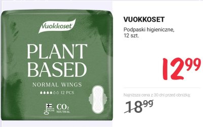 Podpaski higieniczne VUOKKOSET Plant Based Normal Wings, 12 szt. promocja w Rossmann