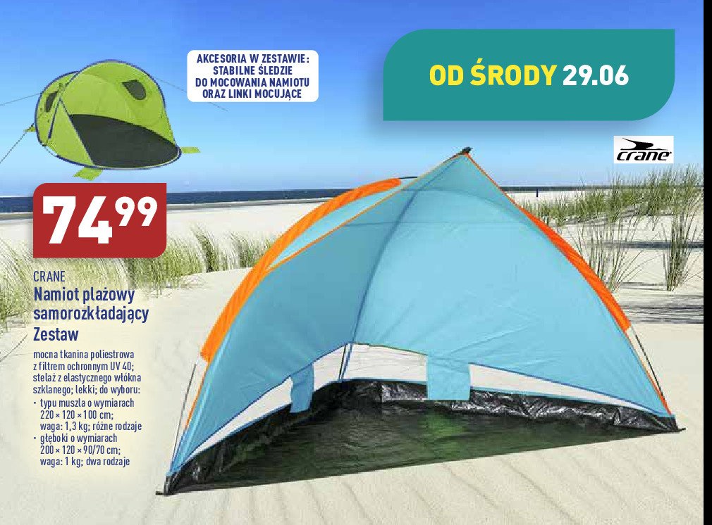 Namiot plażowy samorozkładający typu muszla 220 x 120 x 100 cm CRANE promocje