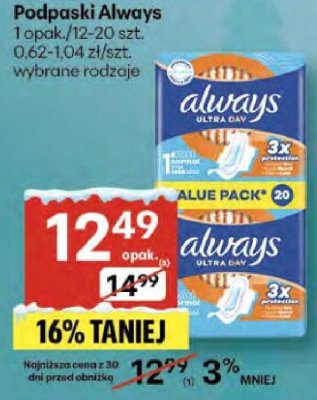 Podpaski Always 1 opak./12-20 szt. wybrane rodzaje promocja w Delikatesy Centrum
