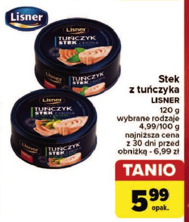 Tuńczyk stek z kroplą oleju Lisner promocja w Carrefour Market