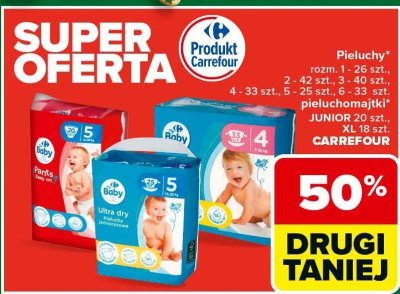 Pieluchy CARREFOUR różne rozmiary 1-26 szt., 2-42 szt., 3-40 szt., 4-33 szt., 5-25 szt., 6-33 szt., pieluchomajtki JUNIOR 20 szt., XL 18 szt. promocja w Carrefour
