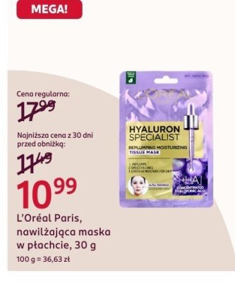 Nawilżająca maska L'Oréal Paris w płachcie, 30 g promocja w Rossmann