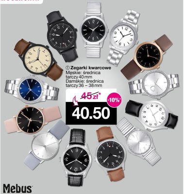Zegarki kwarcowe Mebus męskie średnica tarczy 40mm damskie średnica tarczy 36-38mm promocja w Woolworth