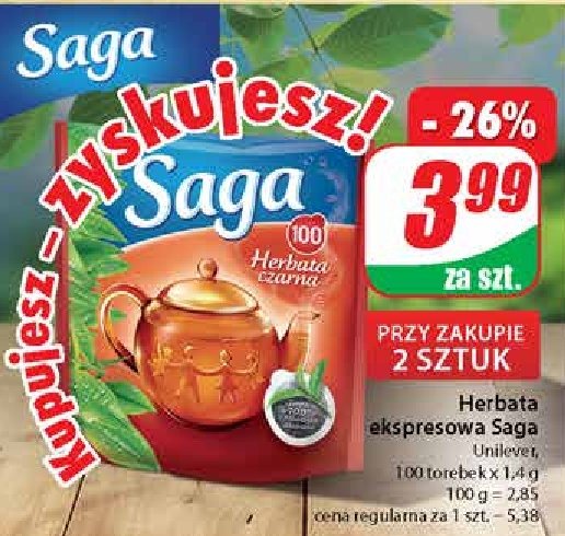 Herbata czarna ekspresowa Saga promocja