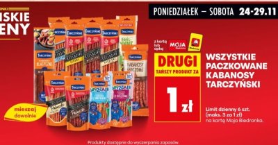 Wszystkie paczkonwane kabanosy Tarczyński - drugi produkt za 1 zł promocja w Biedronka
