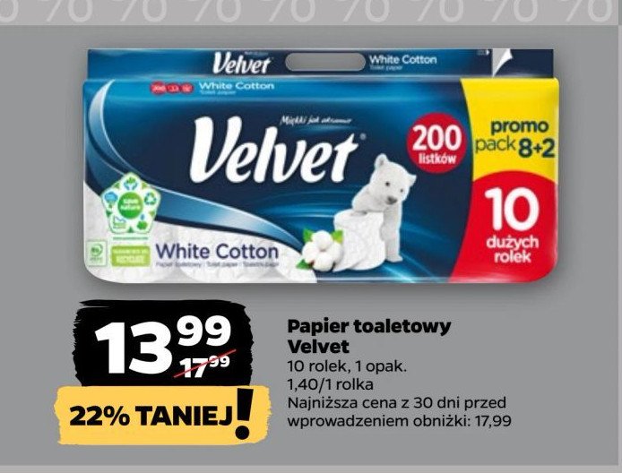 Papier toaletowy white cotton Velvet excellence promocja w Netto