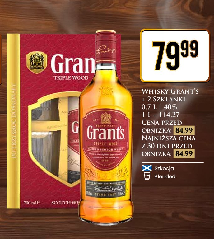 Whisky + 2 szklanki Grant's triple wood promocja