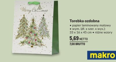 Torebka ozdobna papier laminowany matowy wym. (dł. x szer. x wys.): 33 x 16 x 45 cm, różne wzory promocja w Makro