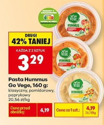 Pasta Hummus Go Vege, 160 g: klasyczny, pomidorowy, paprykowy promocja w Biedronka