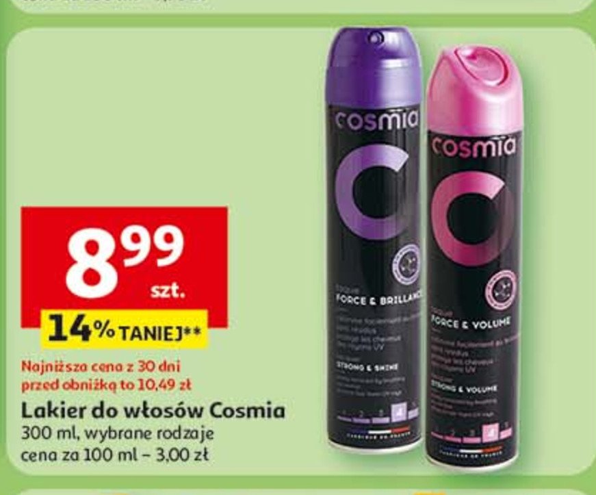 Lakier do włosów siła i połysk Cosmia promocja w Auchan
