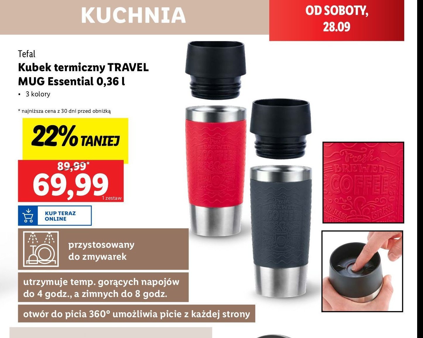 Kubek termiczny travel mug essential 0.36 l czerwony Tefal promocja