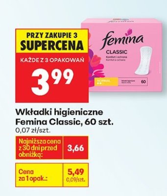 Wkładki higieniczne Femina Classic, 60 szt. promocja w Biedronka