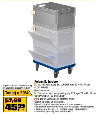 Pojemnik Eurobox z klapą, transparentny, poj. 62 l, wym. 32 x 60 x 40 cm promocja w OBI