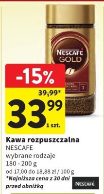 Kawa rozpuszczalna NESCAFE Gold, wybrane rodzaje, 100 - 200 g, od 17,00 do 18,88 zł / 100 g promocja w Intermarche