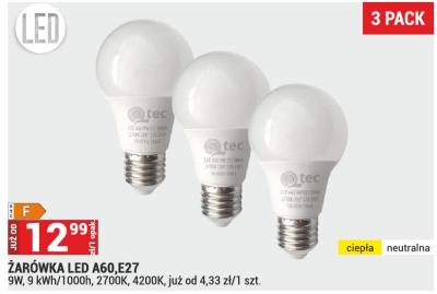 Żarówka LED A60 E27 9W, 9 kWh/1000h, 2700K, 4200K, już od 4,33 zł/1 szt., 3 PACK promocja w Merkury Market