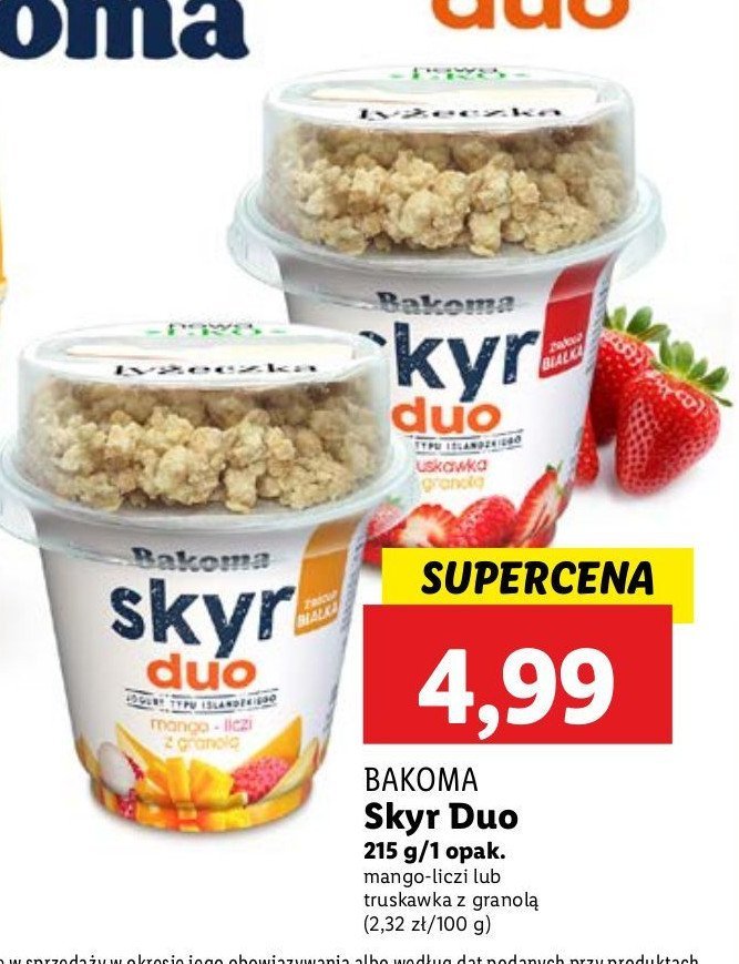 Jogurt duo truskawka z granolą Bakoma skyr promocja