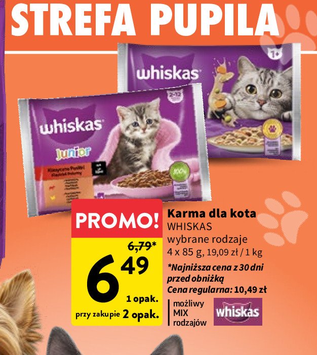 Karma dla kota wołowina z kurczakiem Whiskas promocja w Intermarche