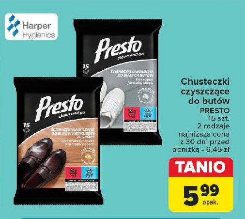 Chusteczki do butów i galanterii Presto clean Presto harper hygienics promocja w Carrefour Market