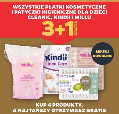 Płatki kosmetyczne dla dzieci Cleanic, Kindii, Millu promocja w Netto