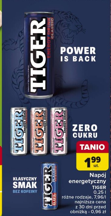 Napój zero wild strawberry Tiger energy drink promocja w Carrefour Market