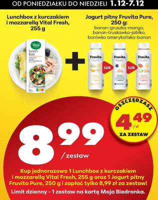 Zestaw Lunchbox z kurczakiem i mozzarellą Vital Fresh 255g + Jogurt pitny Fruvita Pure 250g banan-gruszka-mango lub banan-truskawka-jabłko lub borówka amerykańska-banan promocja w Biedronka
