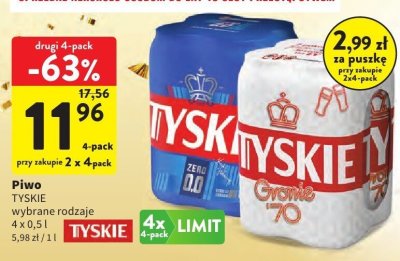 Piwo TYSKIE wybrane rodzaje 4 x 0,5 l, 5,98 zł / 1 l promocja w Intermarche