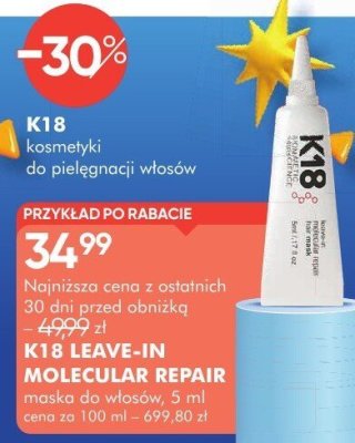 Maska K18 LEAVE-IN MOLECULAR REPAIR do włosów promocja w Super-Pharm