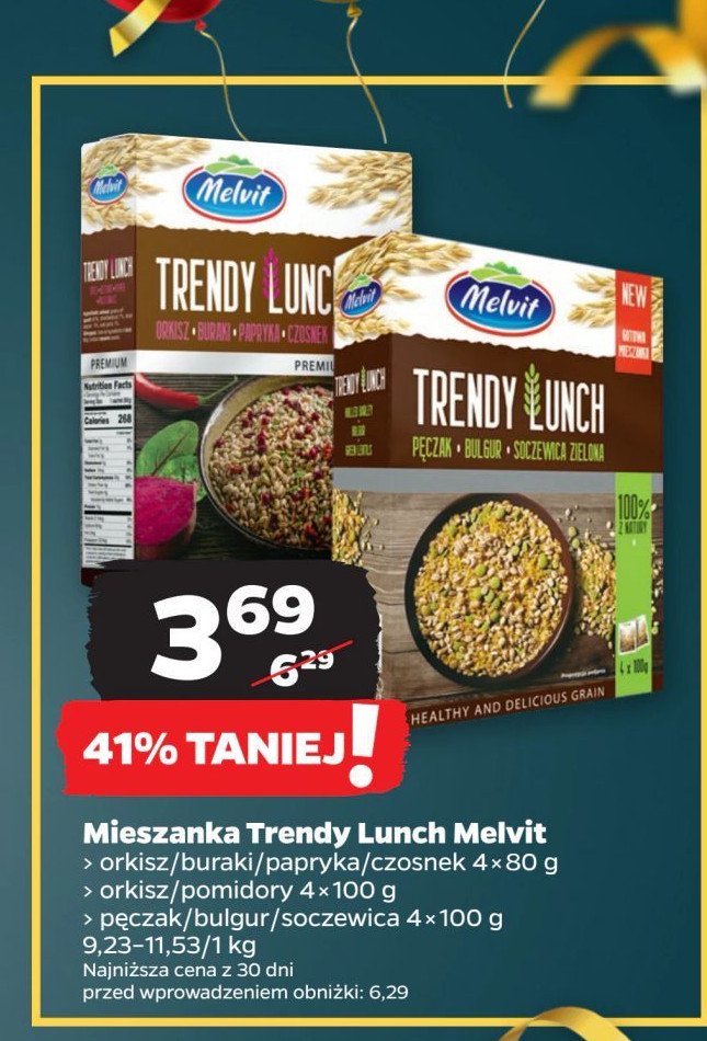 Mieszanka orkisz + buraki + papryka + czosnek niedźwiedzi Melvit trendy lunch promocja