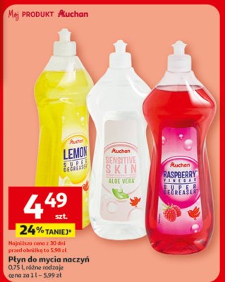 Płyn do mycia naczyń Auchan Lemon, Raspberry, Sensitive Skin promocja w Auchan