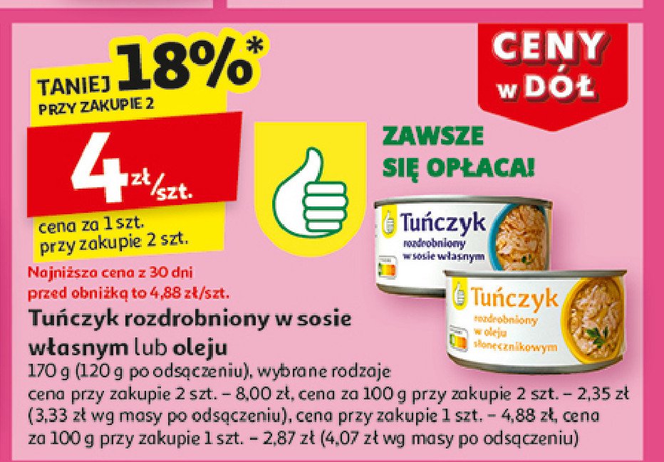 Tuńczyk rozdrobniony w sosie własnym Podniesiony kciuk promocja w Auchan