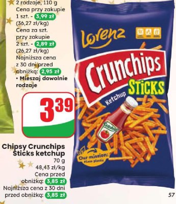 Chipsy Crunchips Sticks ketchup 70 g promocja w Dino