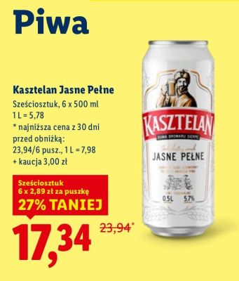 Piwo Kasztelan Jasne Pełne 6-pak promocja w Lidl