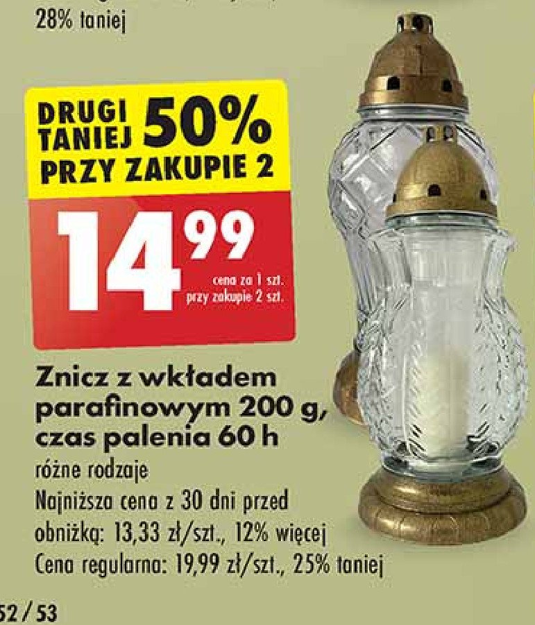 Znicz szklany z wkładem parafinowym 60 h promocja