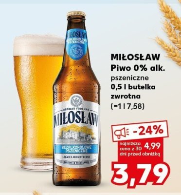 Piwo Miłosław 0% alk. pszeniczne 0,5l butelka zwrotna promocja w Kaufland
