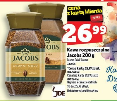 Kawa rozpuszczalna Jacobs 200 g Cronat Gold Crema promocja w TOPAZ