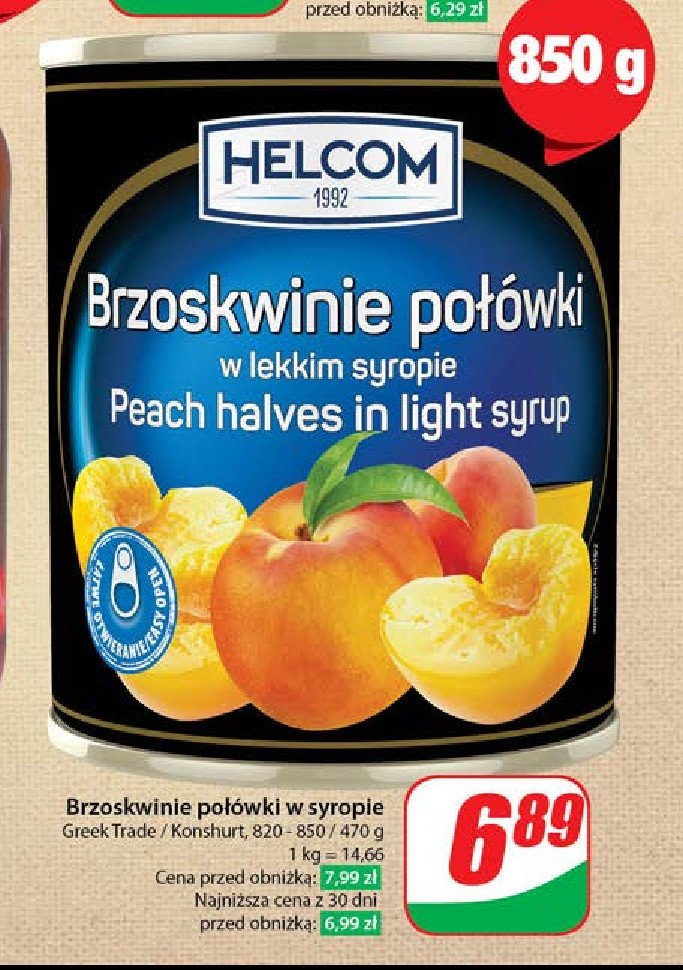 Brzoskwinie połóki w lekkim syropie Helcom promocja w Dino