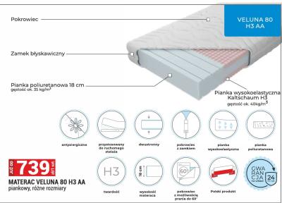 Materac VELUNA 80 H3 AA piankowy, różne rozmiary promocja w Merkury Market