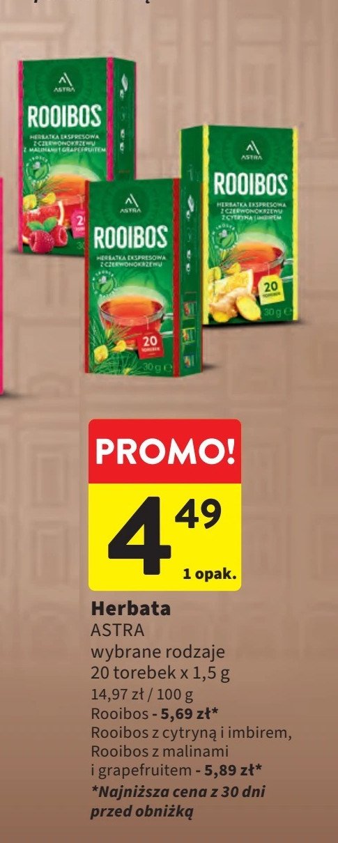 Herbata z czerwonokrzewu z cytryną i imbirem Astra rooibos Astra tea promocja w Intermarche