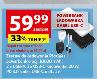 Zestaw do ładowania: powerbank + ładowarka + kabel usb-c Platinet promocja w Auchan