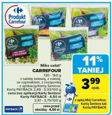 Miks sałat CARREFOUR 120-160 g z sałatą lodową, z rukolą, ze szpinakiem, z rozpónką promocja w Carrefour