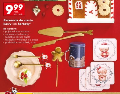 Akcesoria do ciasta, kawy lub herbaty - pojemnik na cynamon, zaparzacz do herbaty, łopatka i nóż do ciasta, łyżeczka i widelczyk do ciasta, podkładka pod kubek 4 szt. promocja w Biedronka